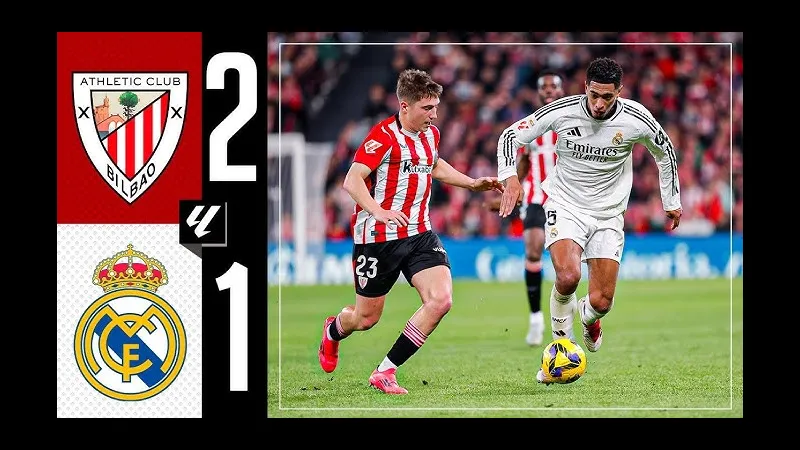 Cầu thủ của Athletic Bilbao đang nỗ lực giữ bóng khỏi sự áp đảo của cầu thủ Real Madrid